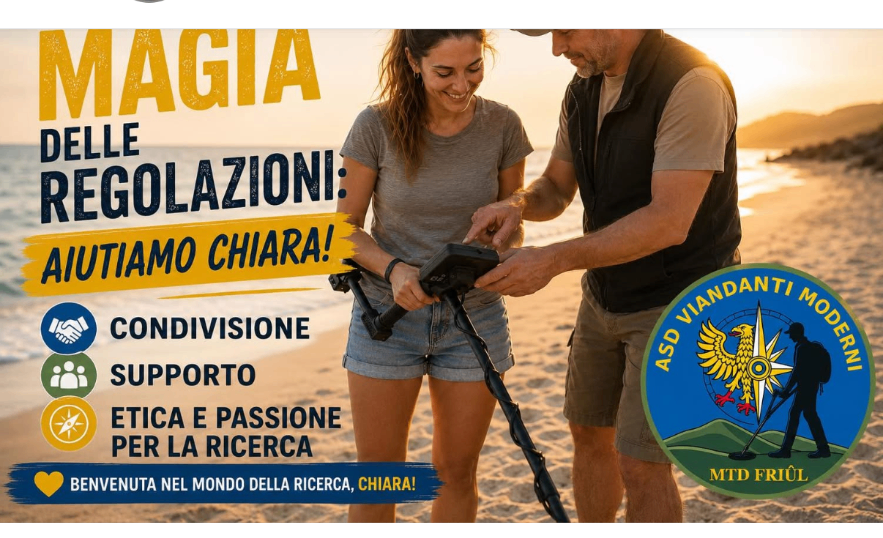 ASD Viandanti Moderni aiuta Chiara con le regolazioni del metal detector in spiaggia